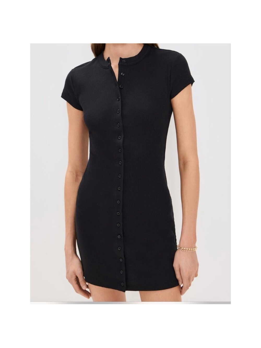 Reformation Black Ribbed Button-Front Mini Dress